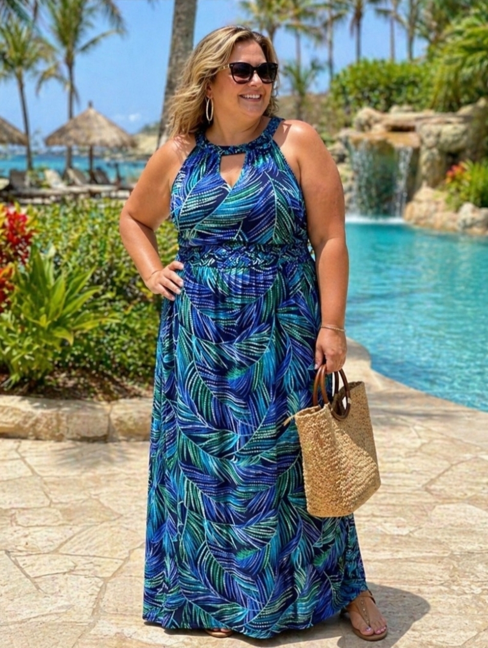 Berkley Jensen Size XXL Braided Halter Maxi Dress New w/ Tags Blue Palm Print